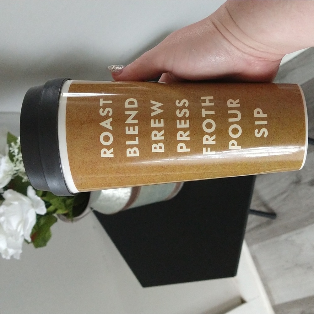 Kate Spade printed coffee themed insulated tumbler travel cup